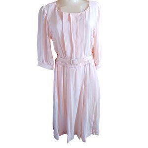 10-P Vintage Dress 1980's EJM Petite Rose Pink Belted Secretary Made In Usa